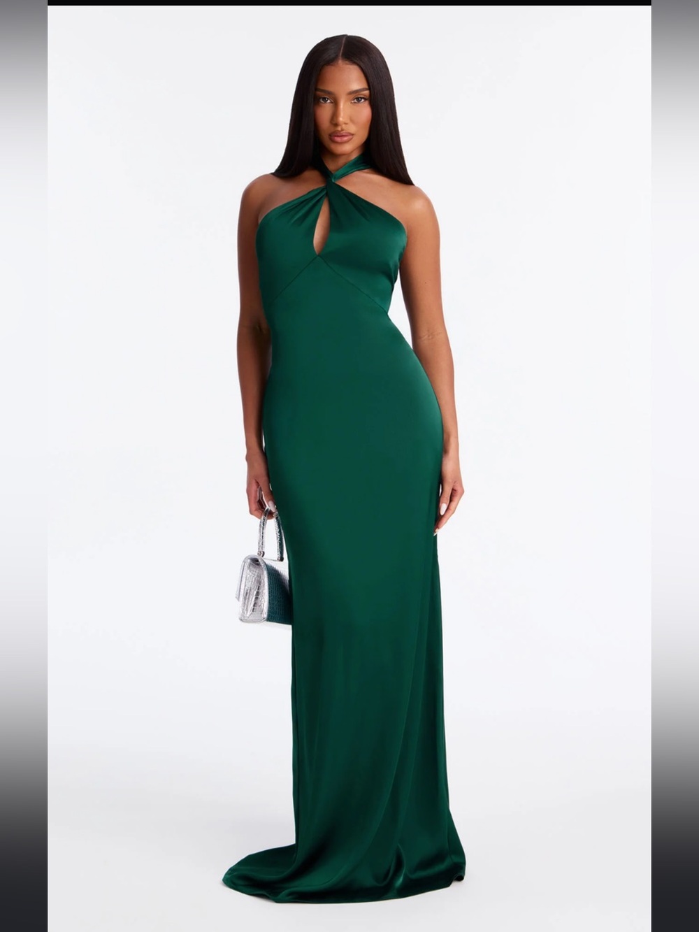 Fashion Nova Twist-Halter Emerald Green Maxi Gown